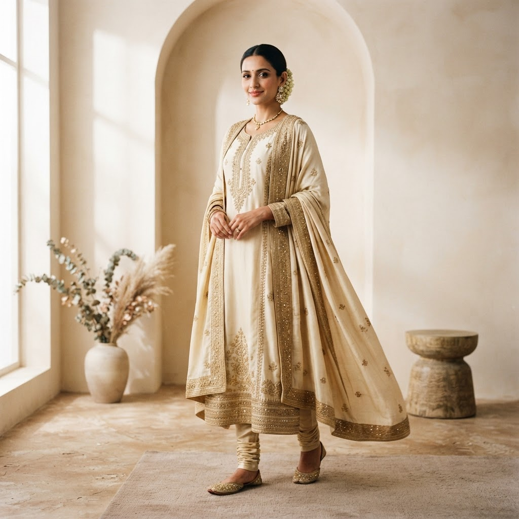 Model wearing an elegant long kurti set from World One Collection